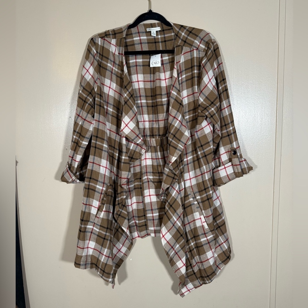 NWT Cato Plaid Waterfall Collar Open Front Cuffed Sleeve Cardigan Size XL